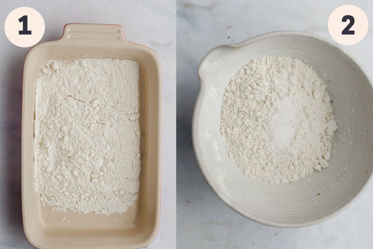A baking dish with flour in it, then a ceramic bowl with flour and salt in it.