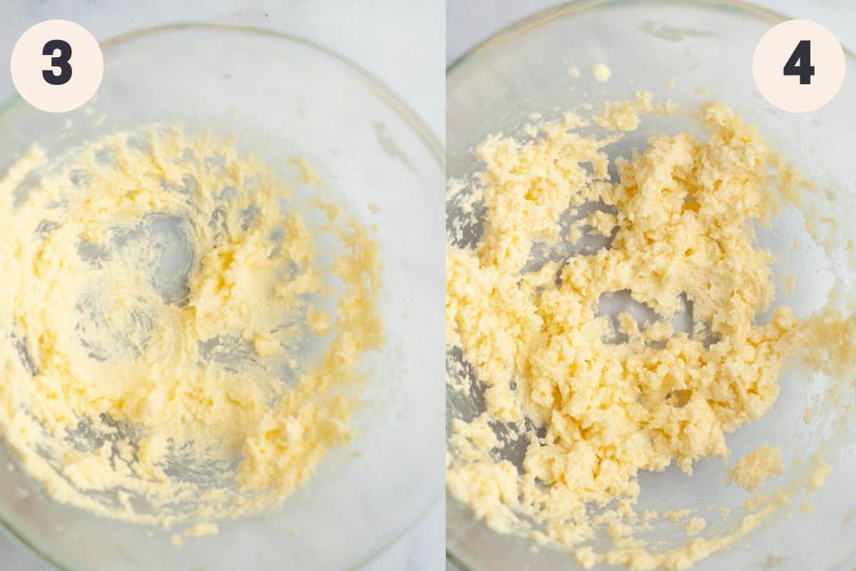 creamed butter in a glass mixing bowl.