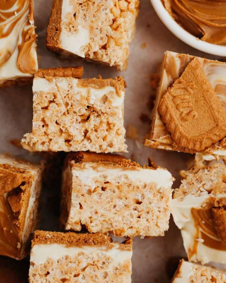 cookie butter rice krispie squares, some are on their sides.