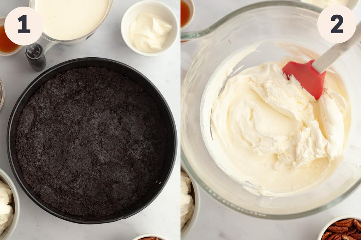 Oreo crust in a pan and a bowl with whipped cream.