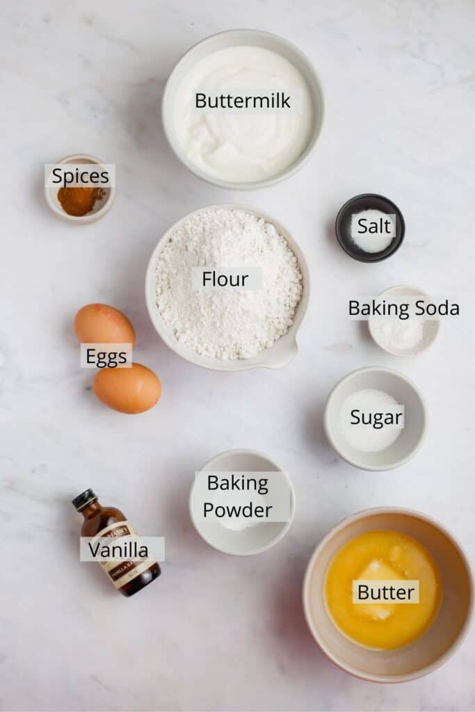 ingredients needed for buttermilk waffles weighed out in small bowls.