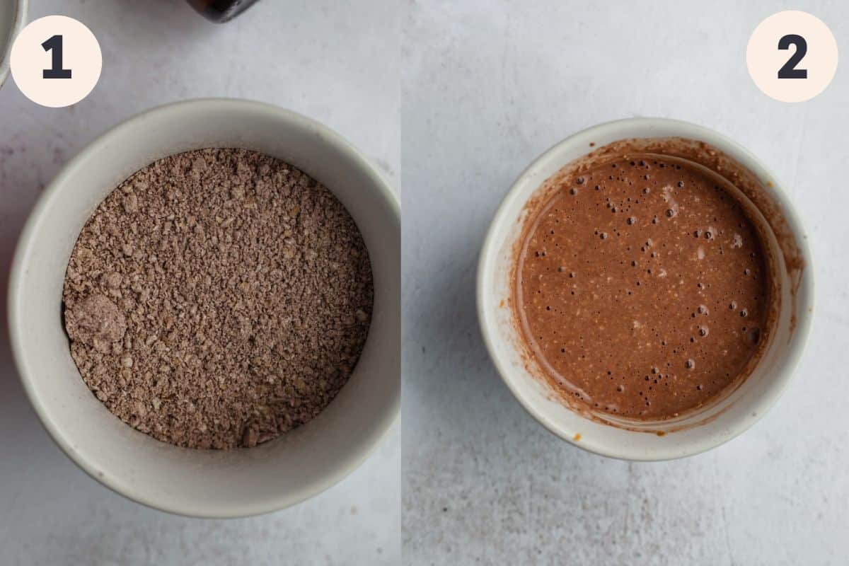 A white ramekin with oats and cocoa powder in it, then milk has been added and whisked into the ixture.