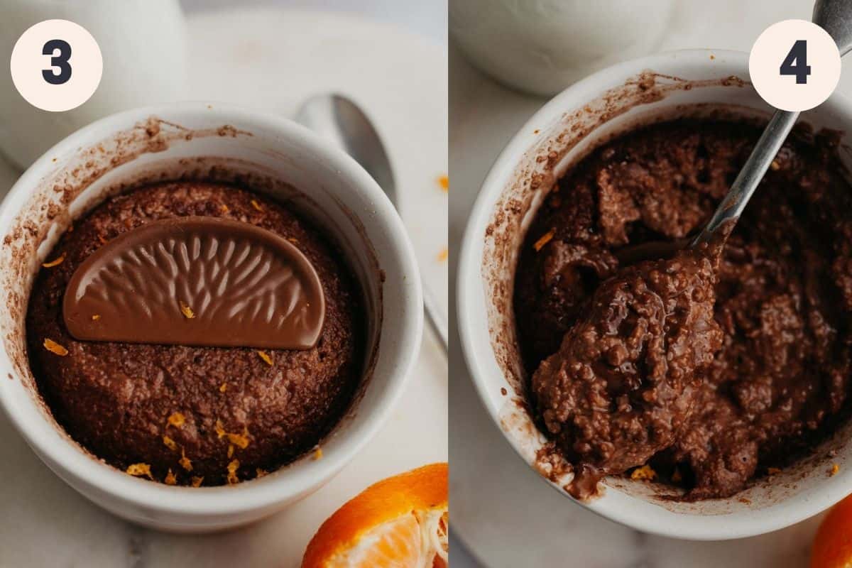 a white ramekin with chocolate orange oats, the next image shows a spoon scooping out some of the oats.