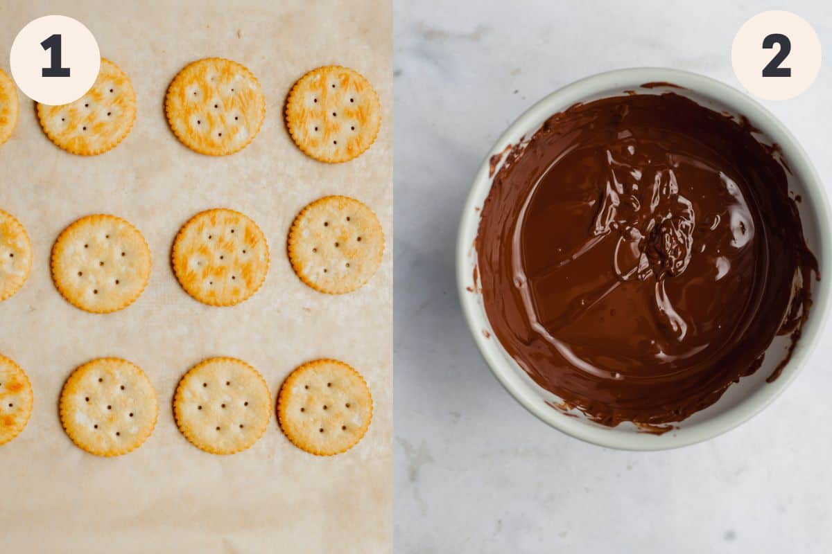 ritz crackers on parchment paper and a small bowl with melted chocolate.