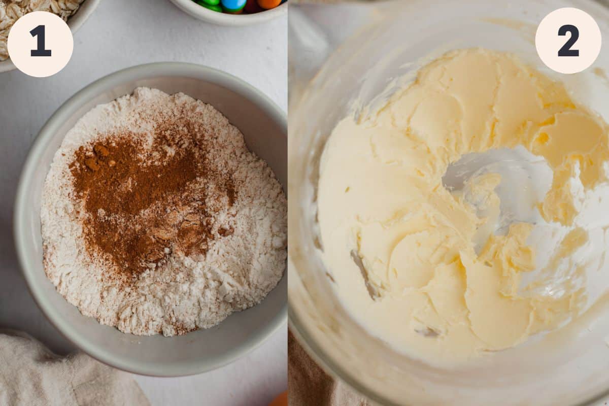 a small bowl with flour and cinnamon, then a bowl with creamed butter in it.