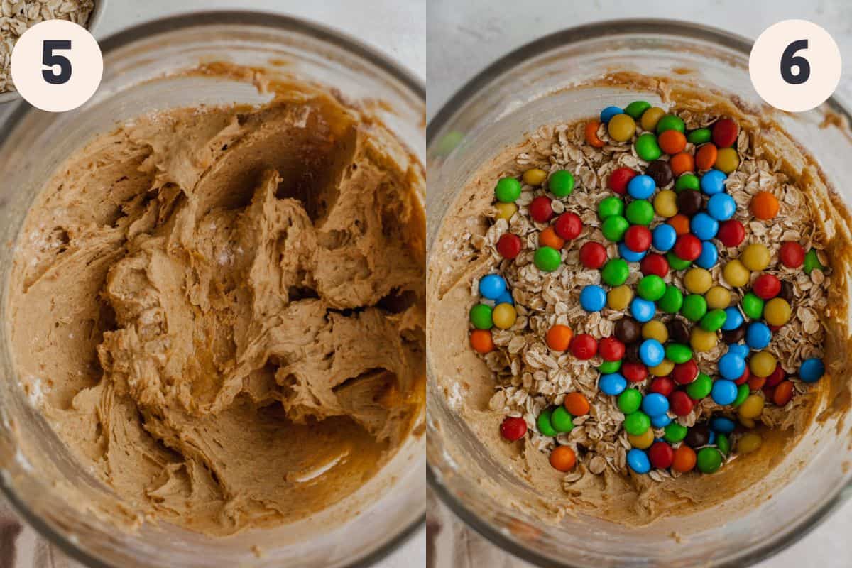 A glass mixing bowl with oatmeal peanut butter cookie dough and oats and m&ms on top.