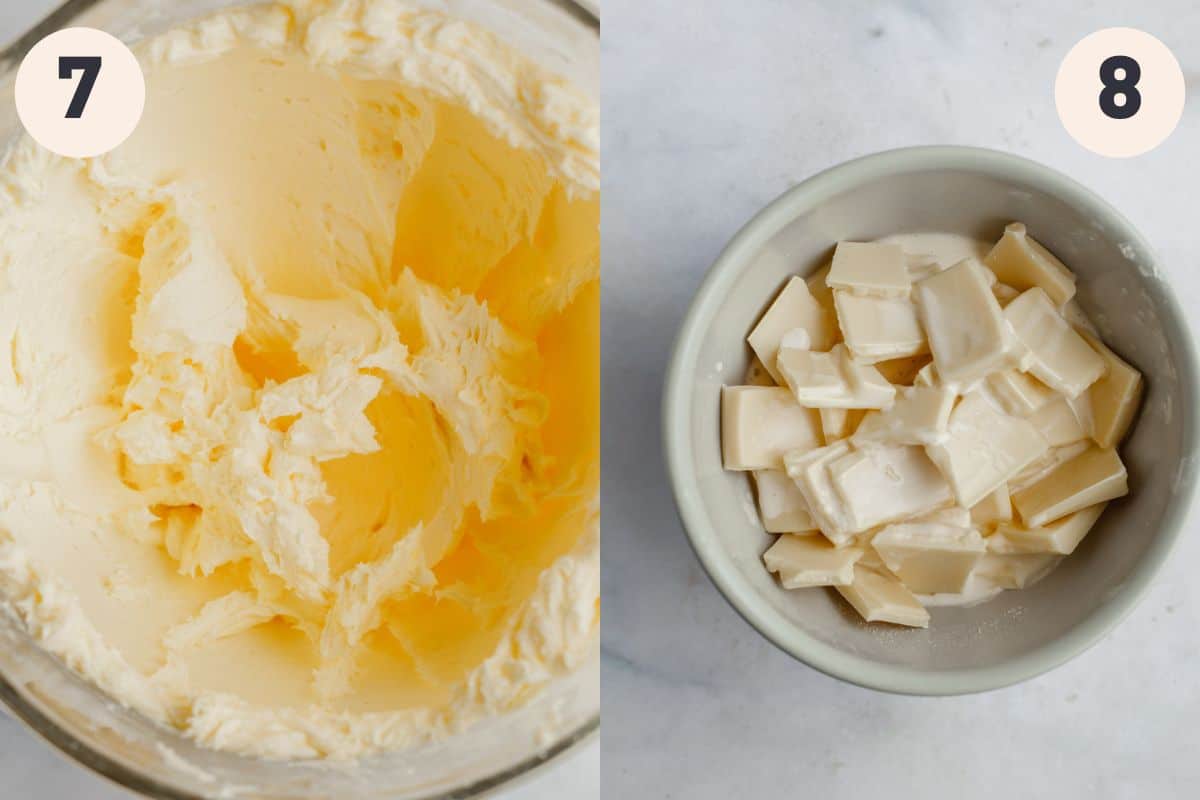 buttercream in a mixing bowl and a small bowl of chopped white chocolate and cream.