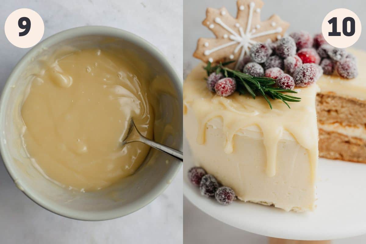 white chocolate ganache in a bowl and a decorated cake.