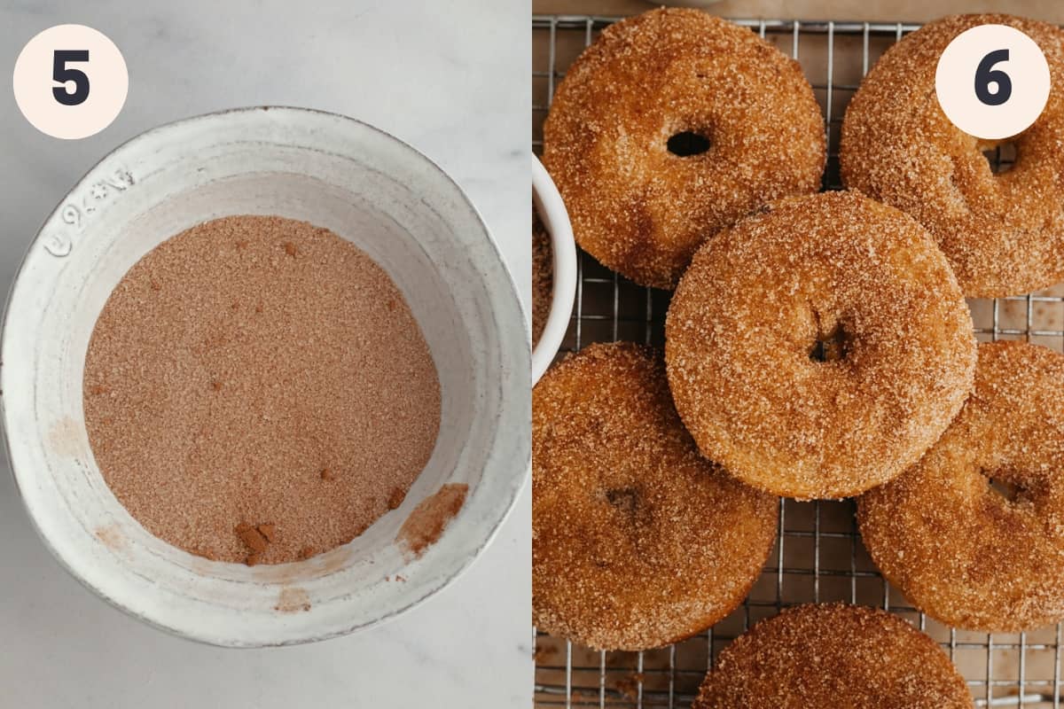 Cinnamon sugar in a bowl and cinnamon donuts on a wire rack.