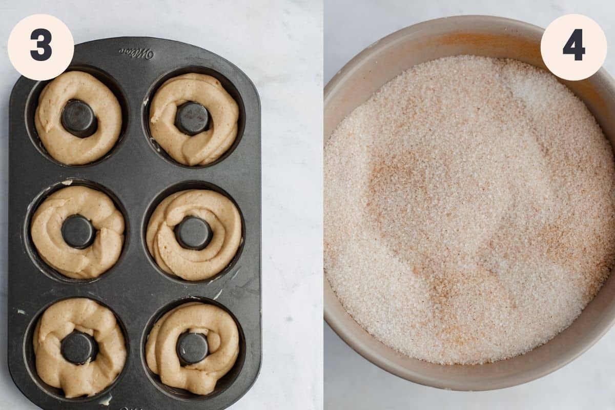 a doughnut pan with unbaked doughnut batter in it and a small bowl with cinnamon sugar.