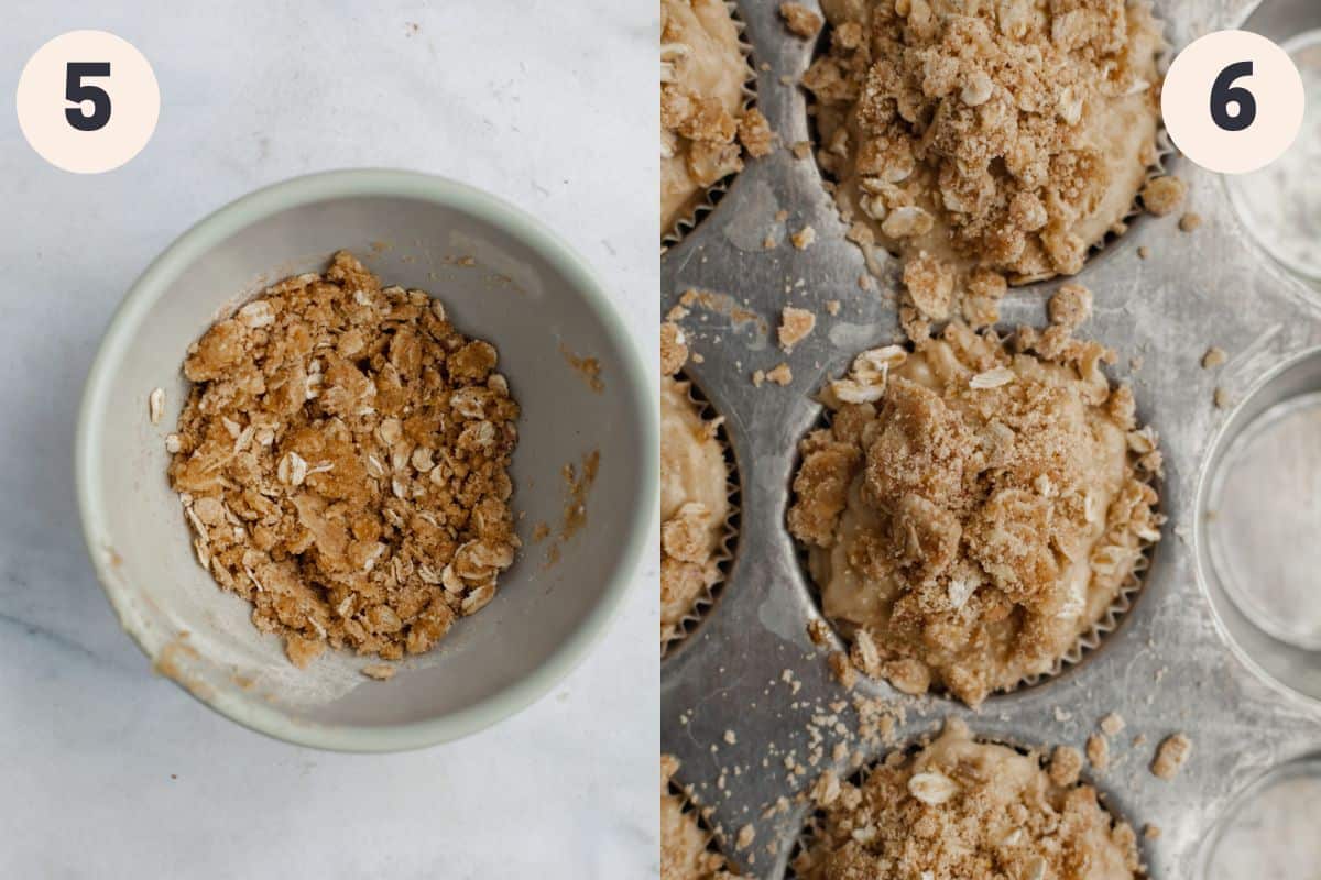 a small grey bowl with an oat streusel in it and a close up of a muffin pan filled with muffin batter and an oat streusel topping.