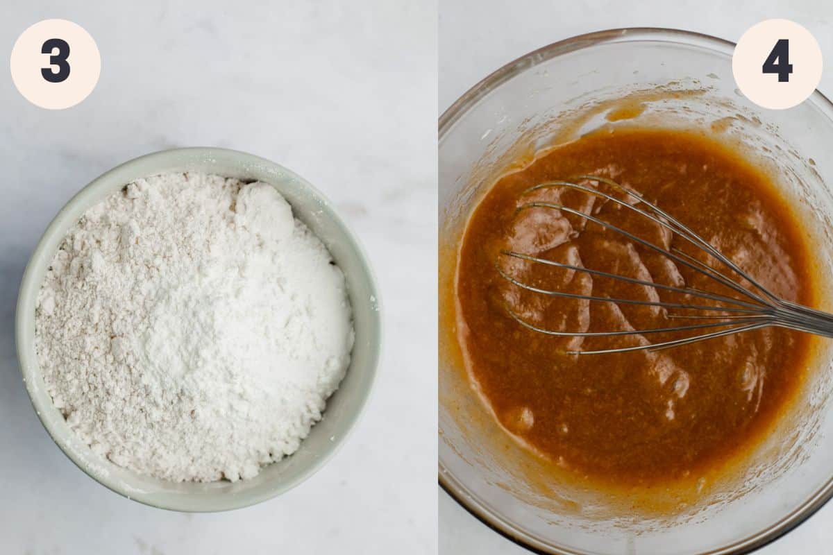 a bowl with flour in it and a bowl with sugar, oil, and butter mixer together.
