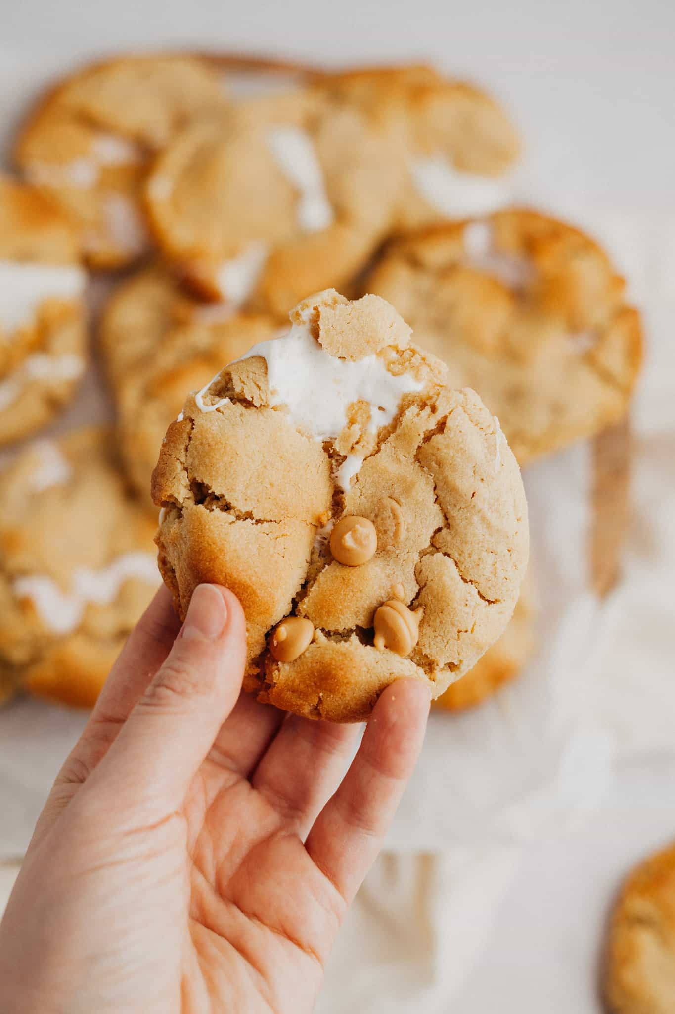 A hand holding a fluffernutter cookie. You can see other cookies in the background.