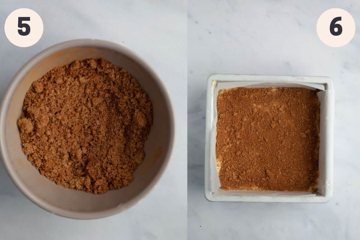 A small bowl with pecan coffee cake topping in it and a square baking pan with unbaked coffee cake.