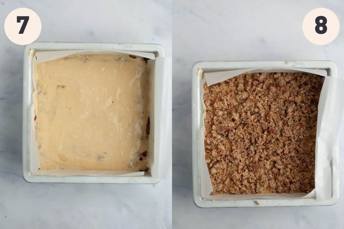 A square baking pan with unbaked coffee cake in it.