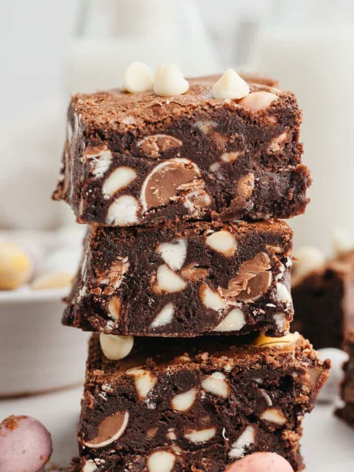 A stack of 3 mini egg brownies.