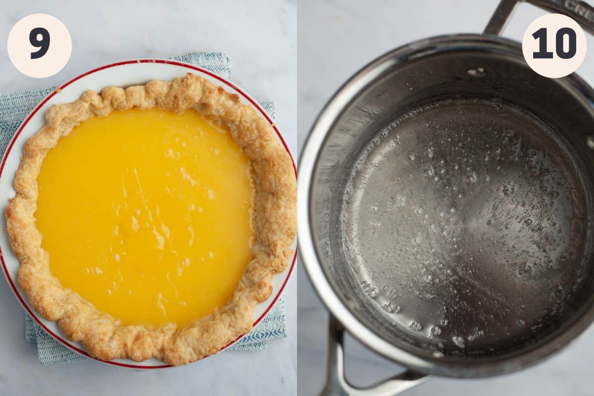 an unbaked pie filled with lemon curd and a saucepan with boiling sugar in it.