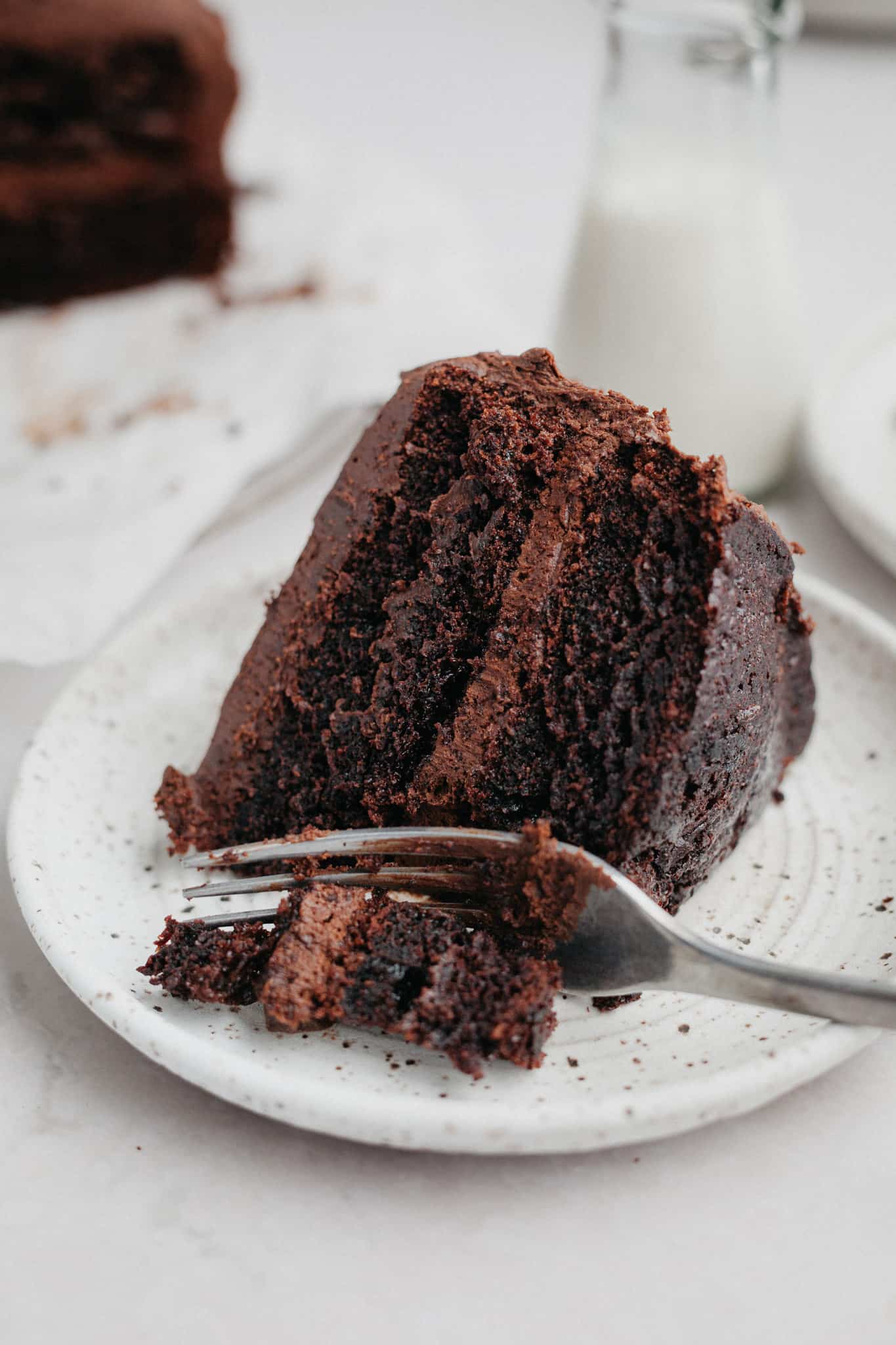 a slice of chocolate cake on a small plate.