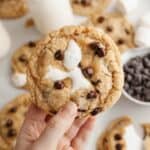 A hand holding a marshmallow chocolate chip cookie.