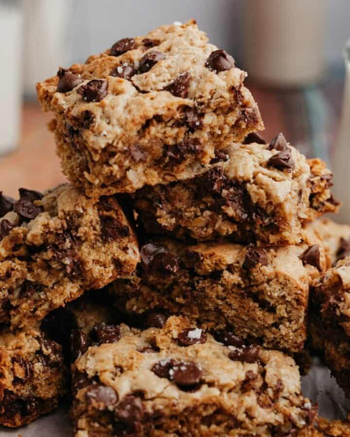 A big stack of chocolate chip oatmeal bars.