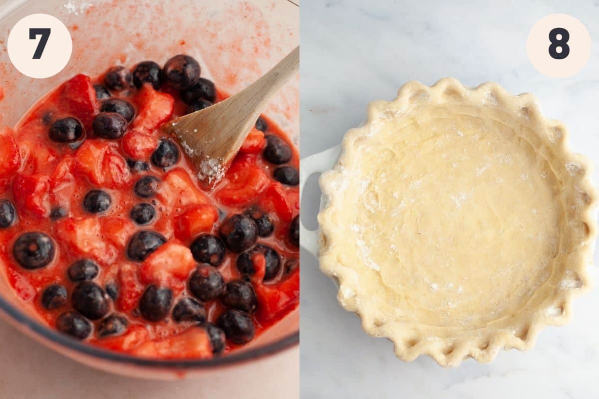 Steps 7 and 8 in the strawberry blueberry pie baking process.
