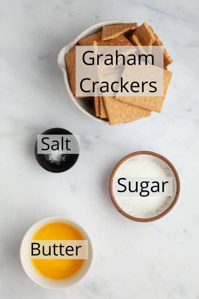 All the ingredients needed for a graham cracker pie crust.