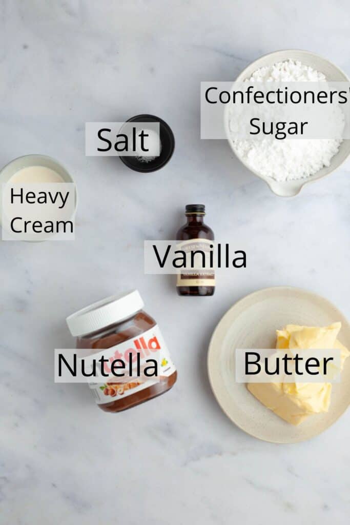 Ingredients needed to make Nutella frosting weighed out.