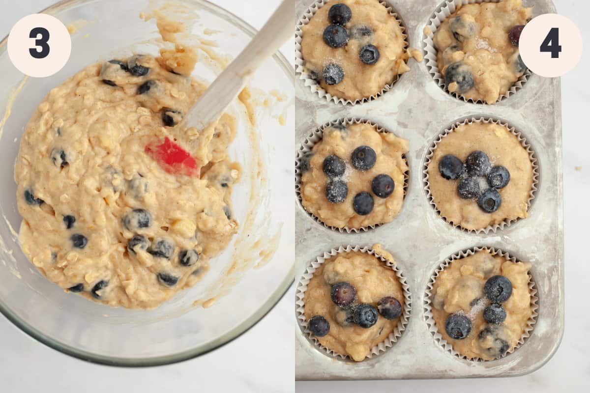 Banana blueberry oatmeal muffins in a glass bowl and in a muffin pan.