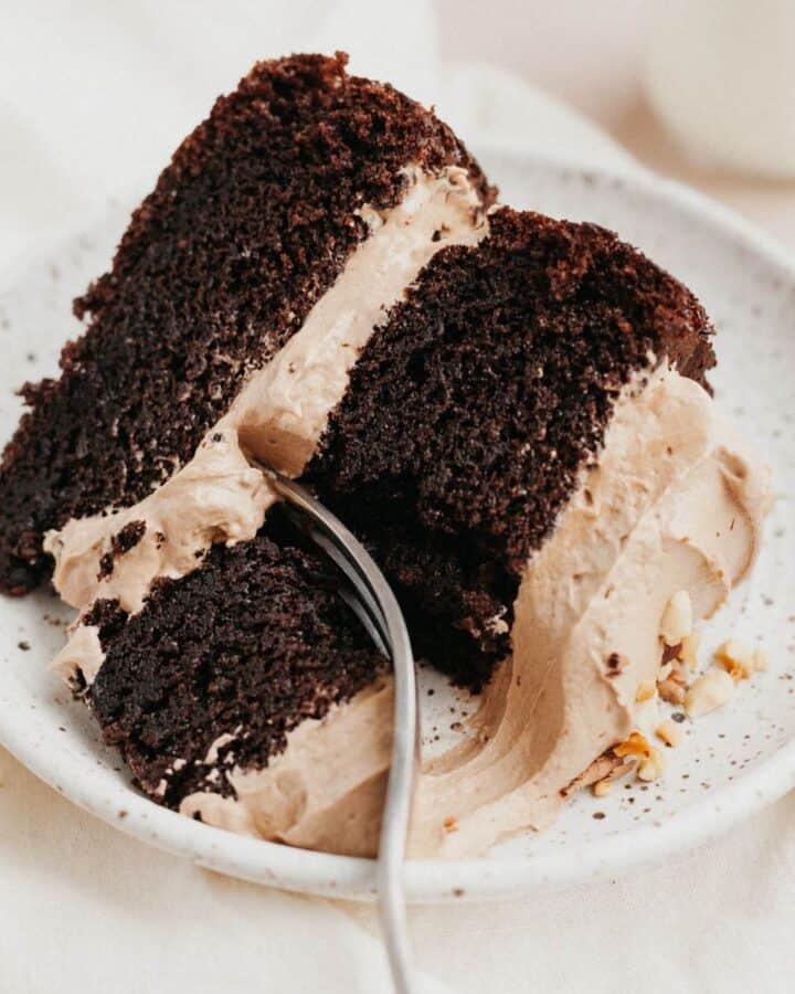 A slice of chocolate cake with Nutella frosting on a small plate.