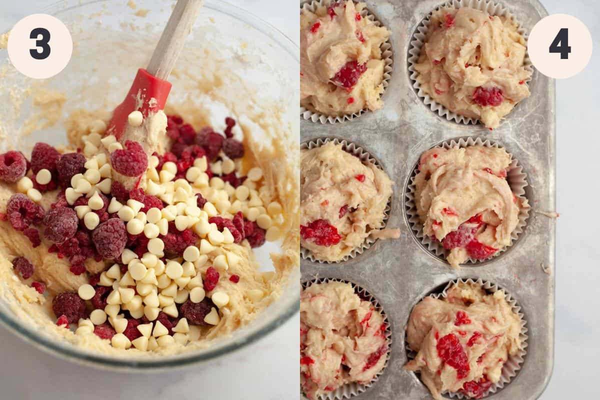 steps 3 and 4 in the white chocolate raspberry muffin baking process.