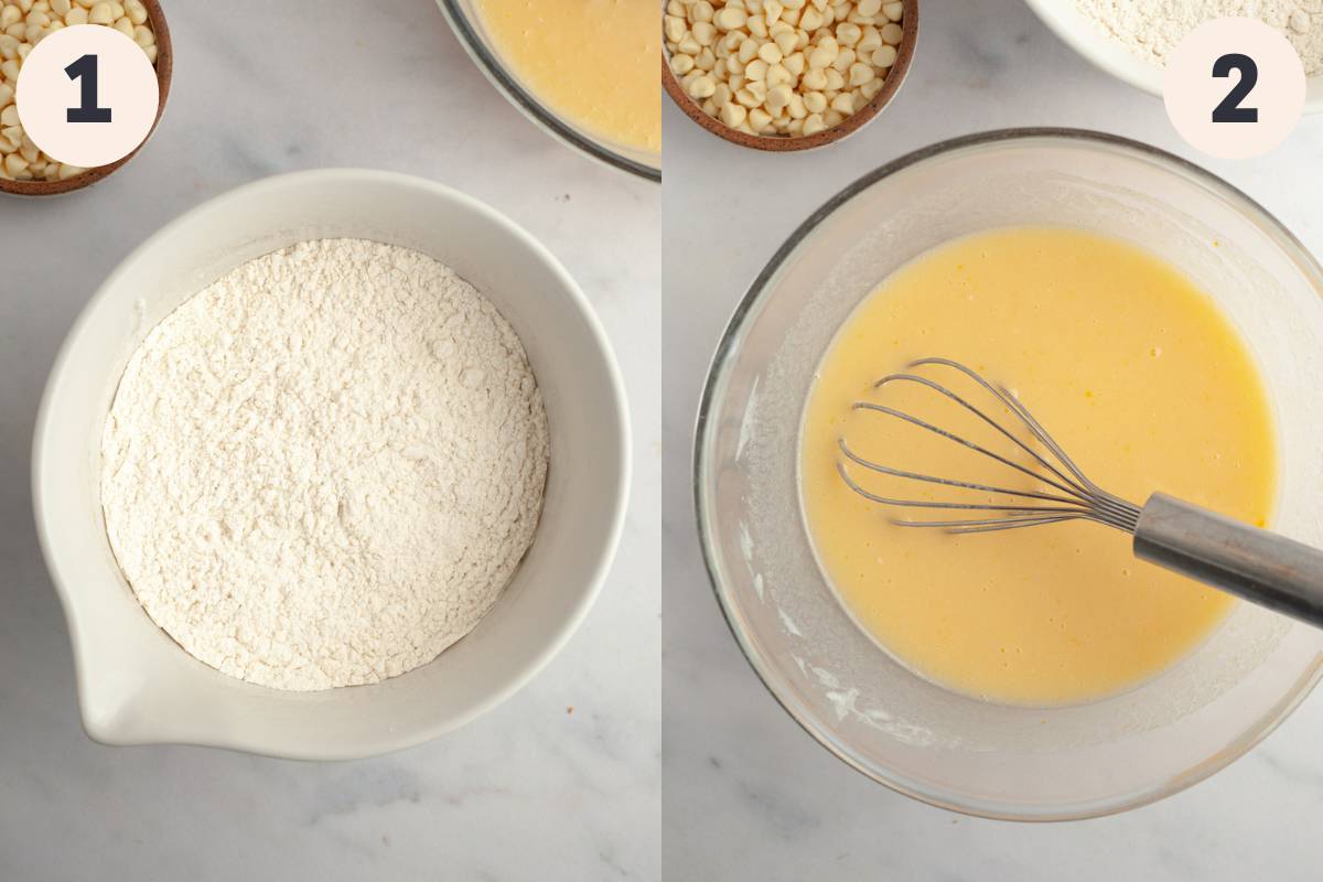 A bowl of flour and a bowl with muffin batter.