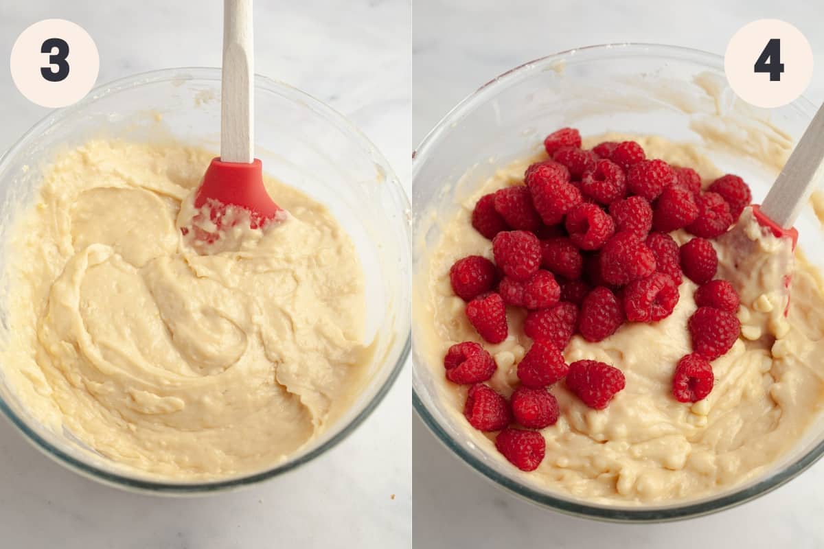 A glass bowl with muffin batter and raspberries.