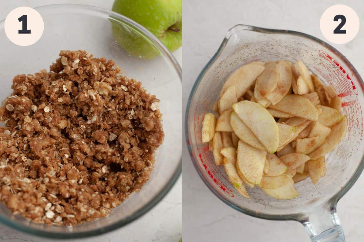 Steps 1 and 2 in the apple crisp cheesecake baking process.