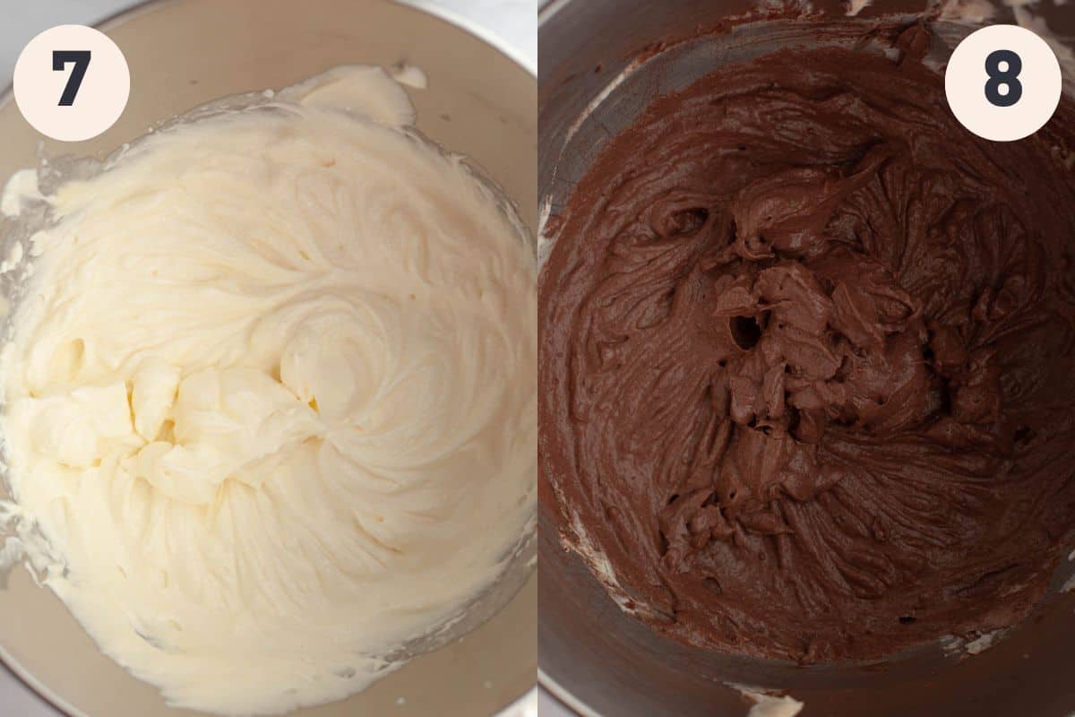 Steps 7 and 8 in the chocolate cake with cream cheese frosting baking process.