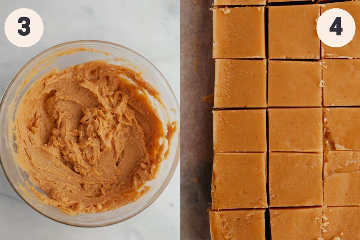 Steps 3 and 4 in the no bake peanut butter fudge baking process.