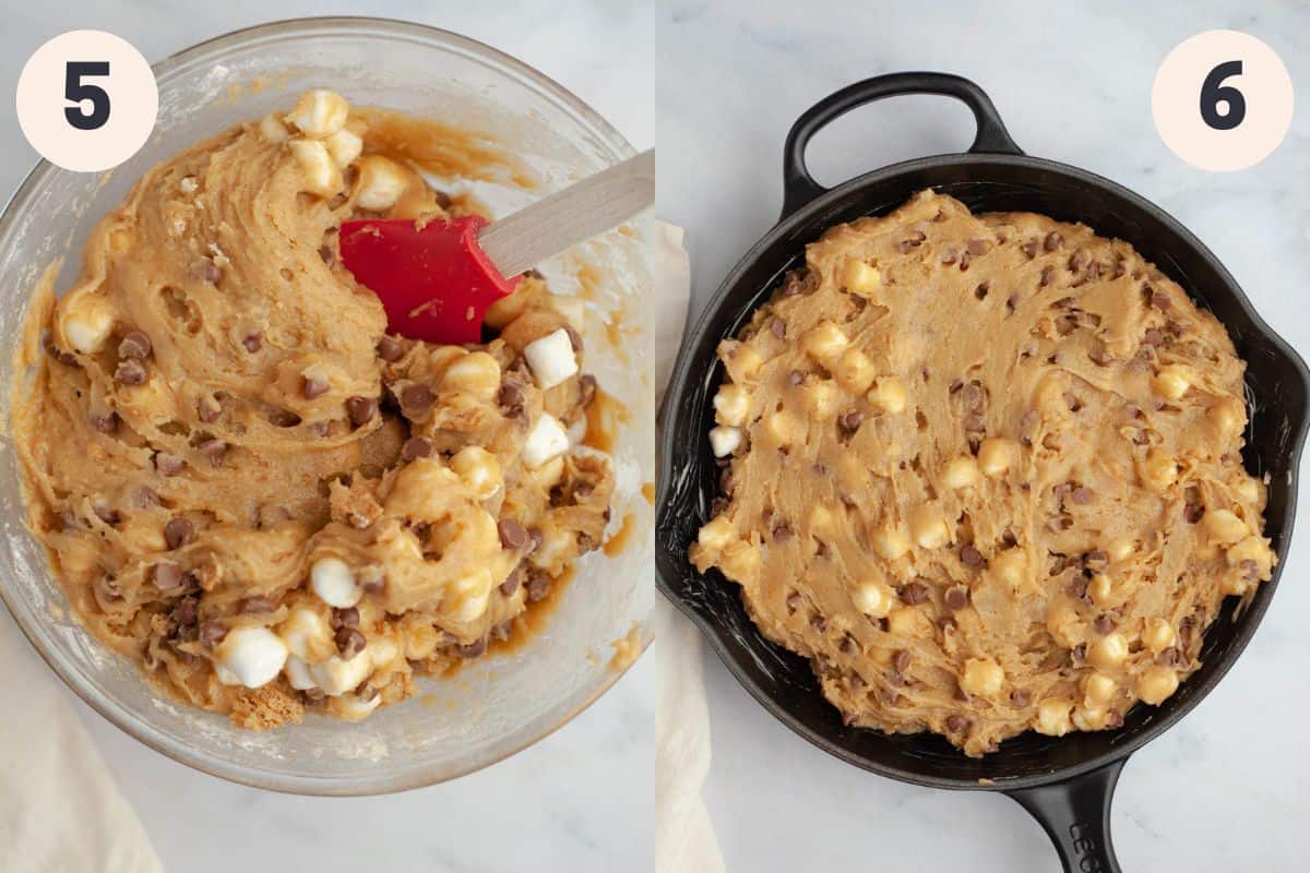 Steps 5 and 6 in the chocolate chip marshmallow cookie skillet baking process.