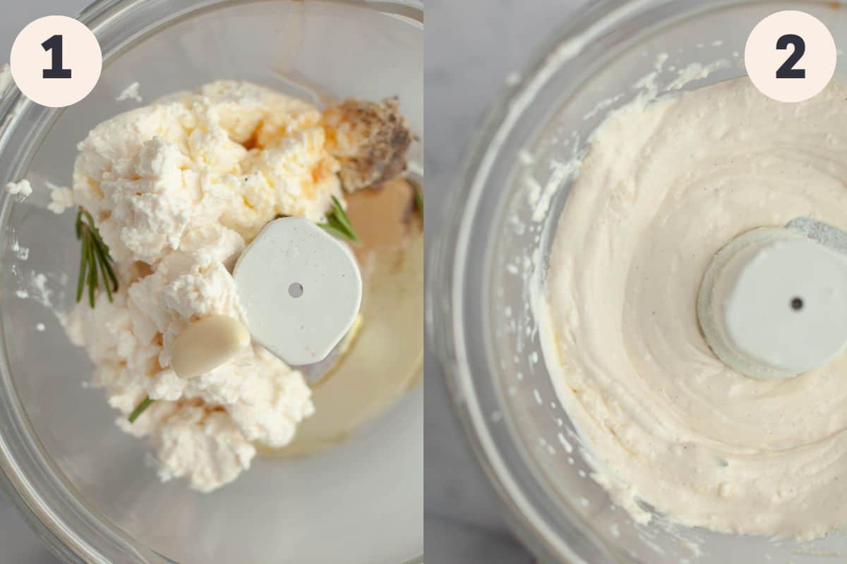 Steps 1 and 2 in the whipped ricotta dip making process.