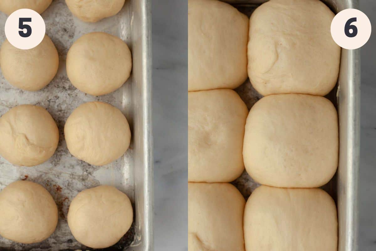 Steps 5 and 6 in the brioche dinner roll baking process.