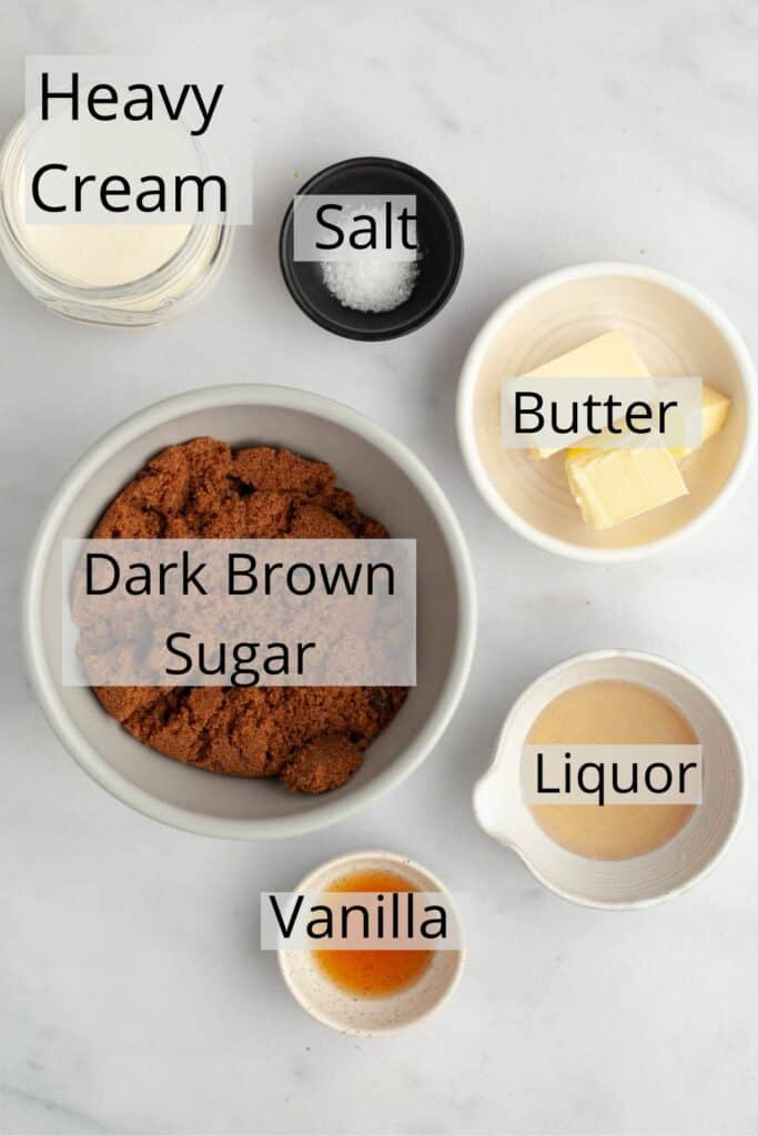 All the ingredients needed to make butterscotch sauce weighed out into small bowls.
