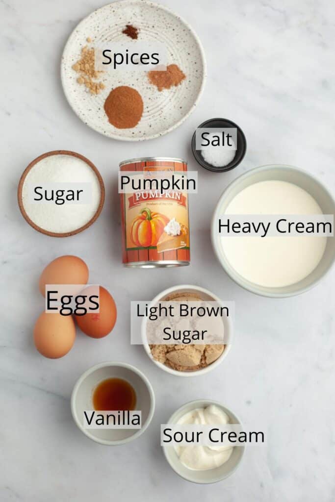 The ingredients needed to make pumpkin custard pie weighed out into small bowls.