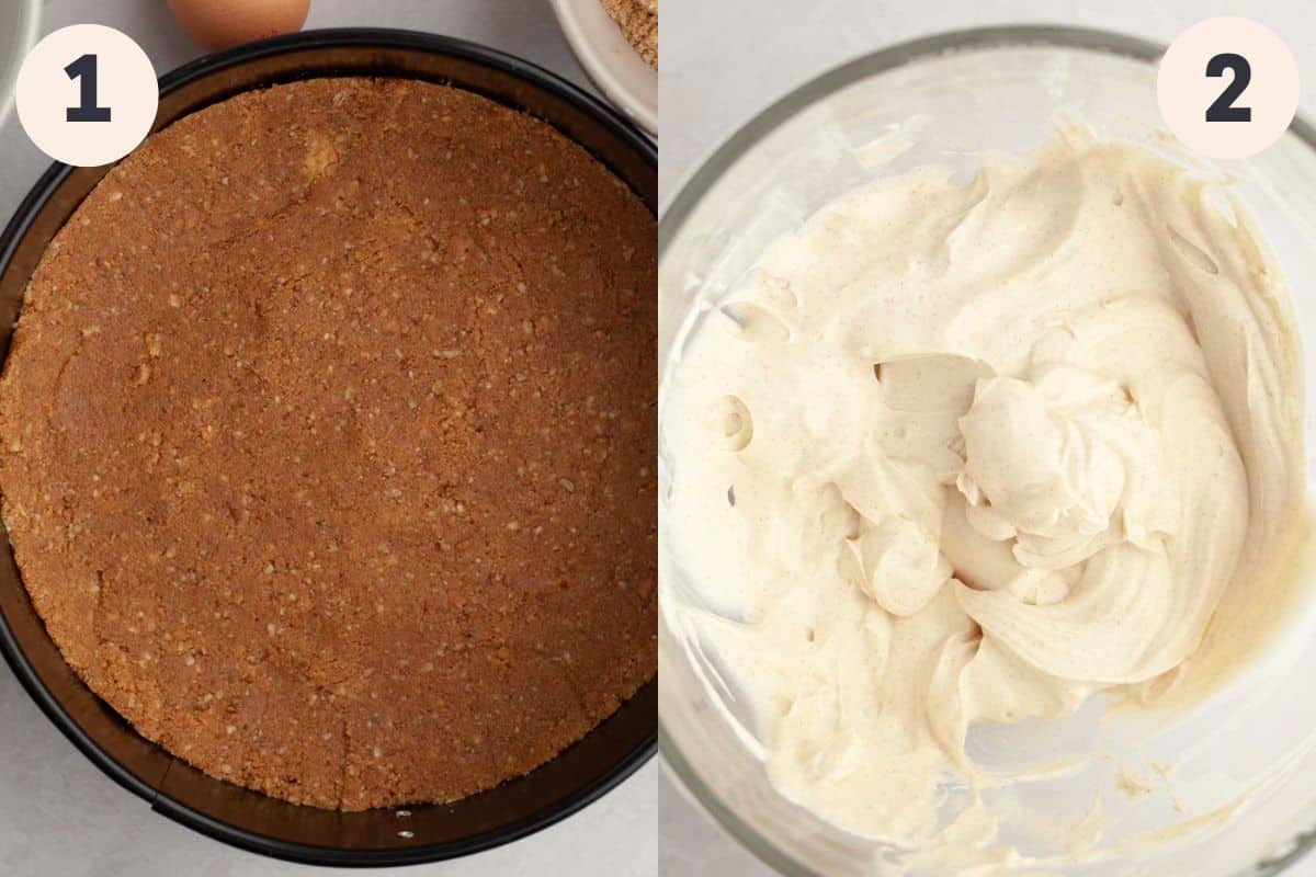Steps 1 and 2 in the pecan pie cheesecake baking process.