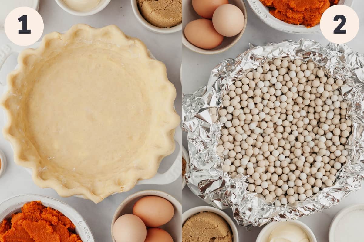 Unbaked pie in a dish and the dish covered with pie weights.
