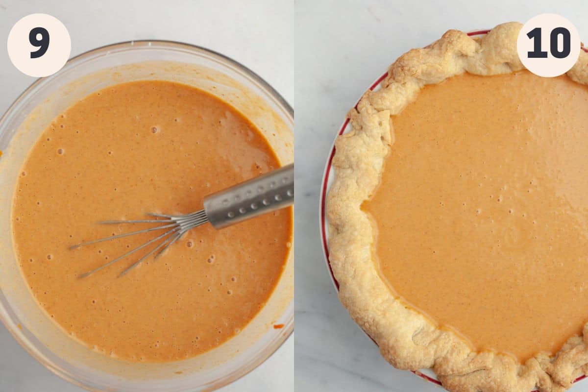 Steps 9 and 10 in the pumpkin custard pie baking process.