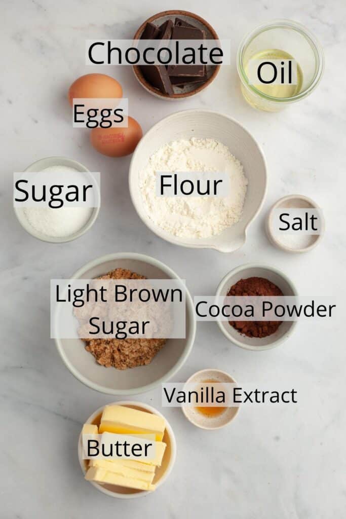 Ingredients needed to make brownies weighed out into small bowls.