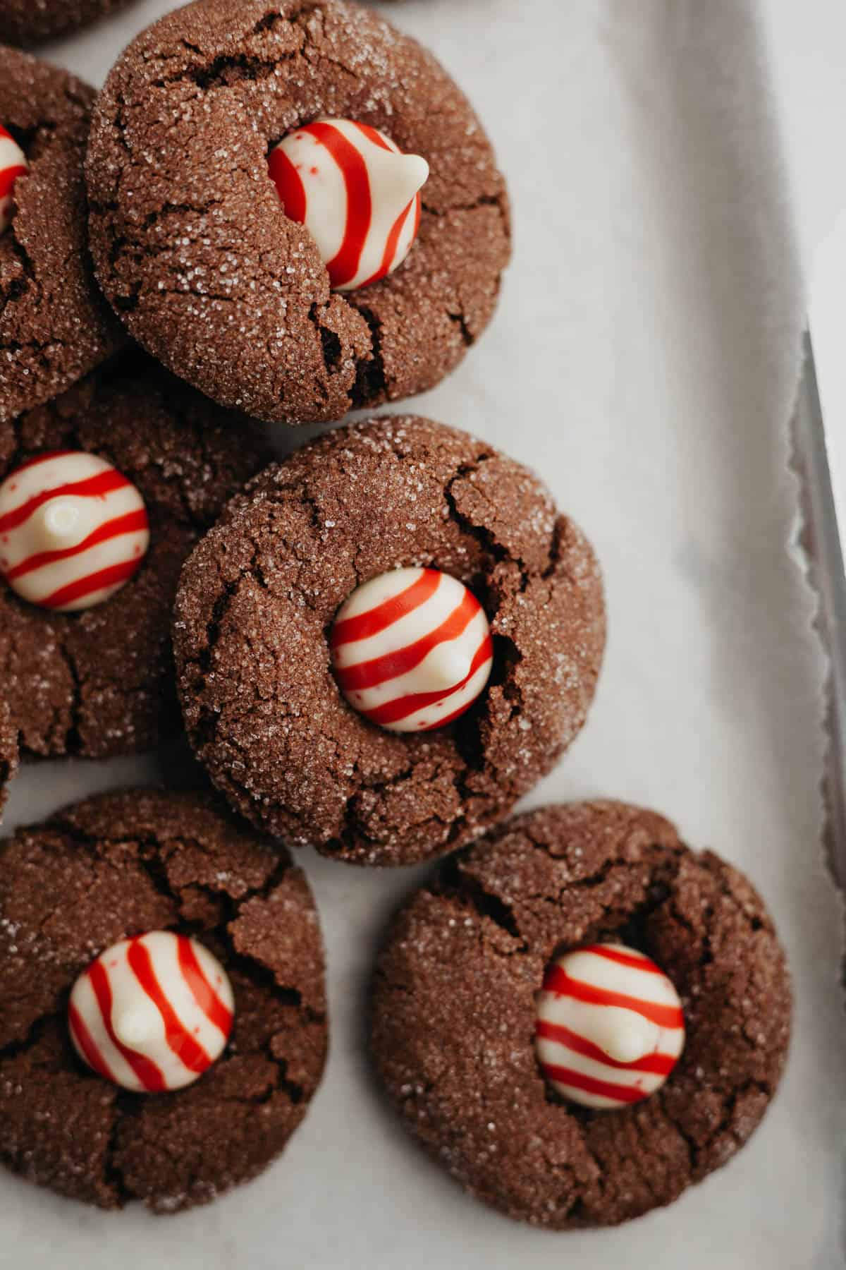 Overhead image of chocolate thumbprint cookies with a candy cane kiss in the middle.