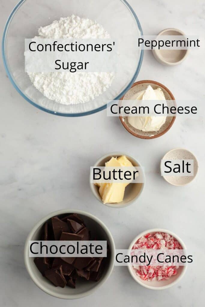 Ingredients needed to make peppermint bark brownies weighed out into small bowls.