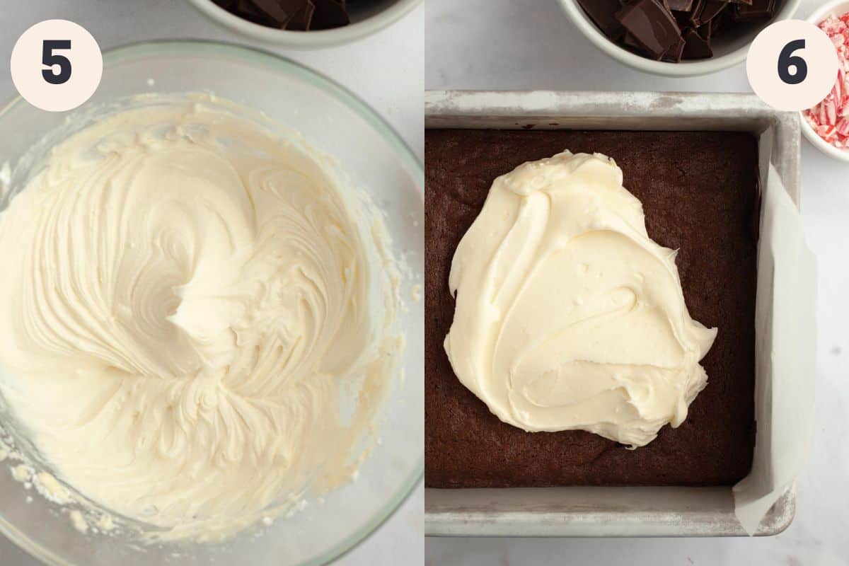 Steps 5 and 6 in the peppermint bark brownie baking process.