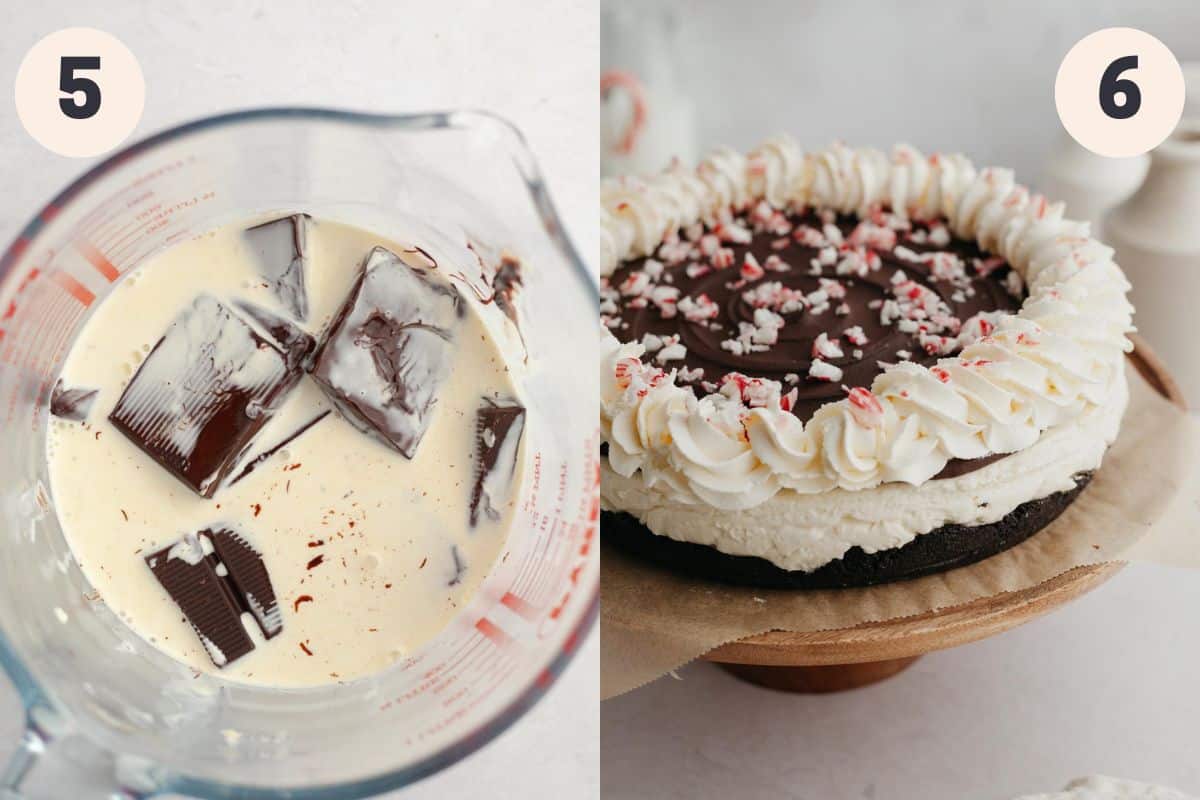 Steps 5 and 6 in the peppermint bark cheesecake baking process.