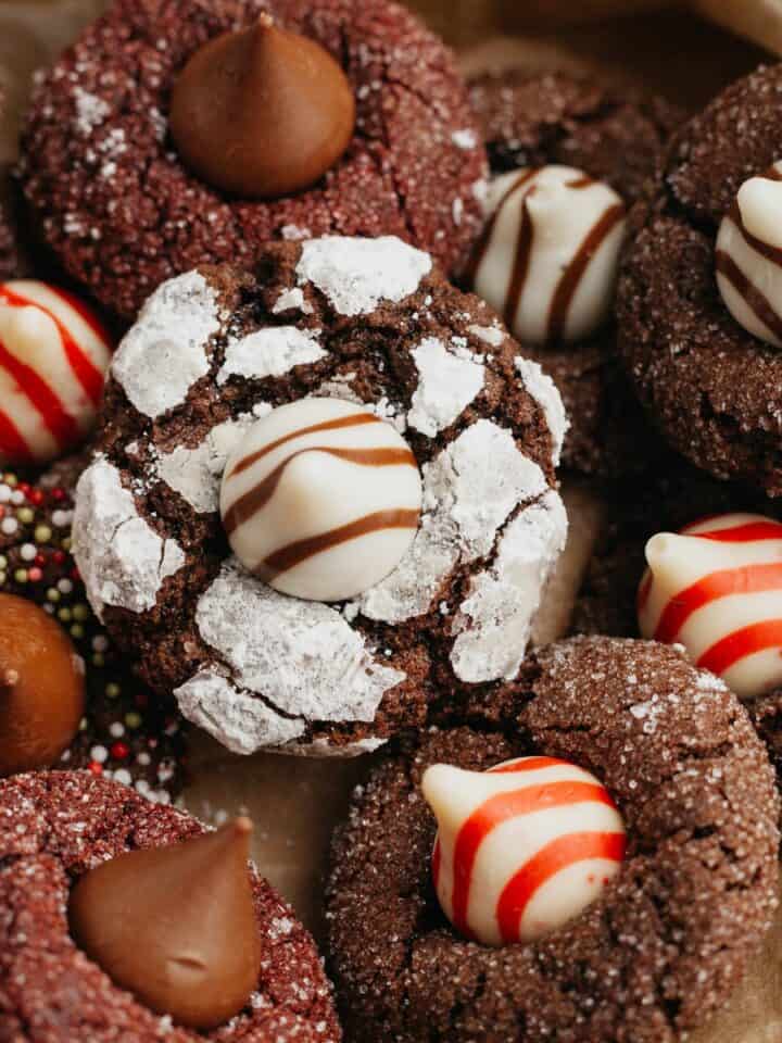 A close up of chocolate kiss cookies.