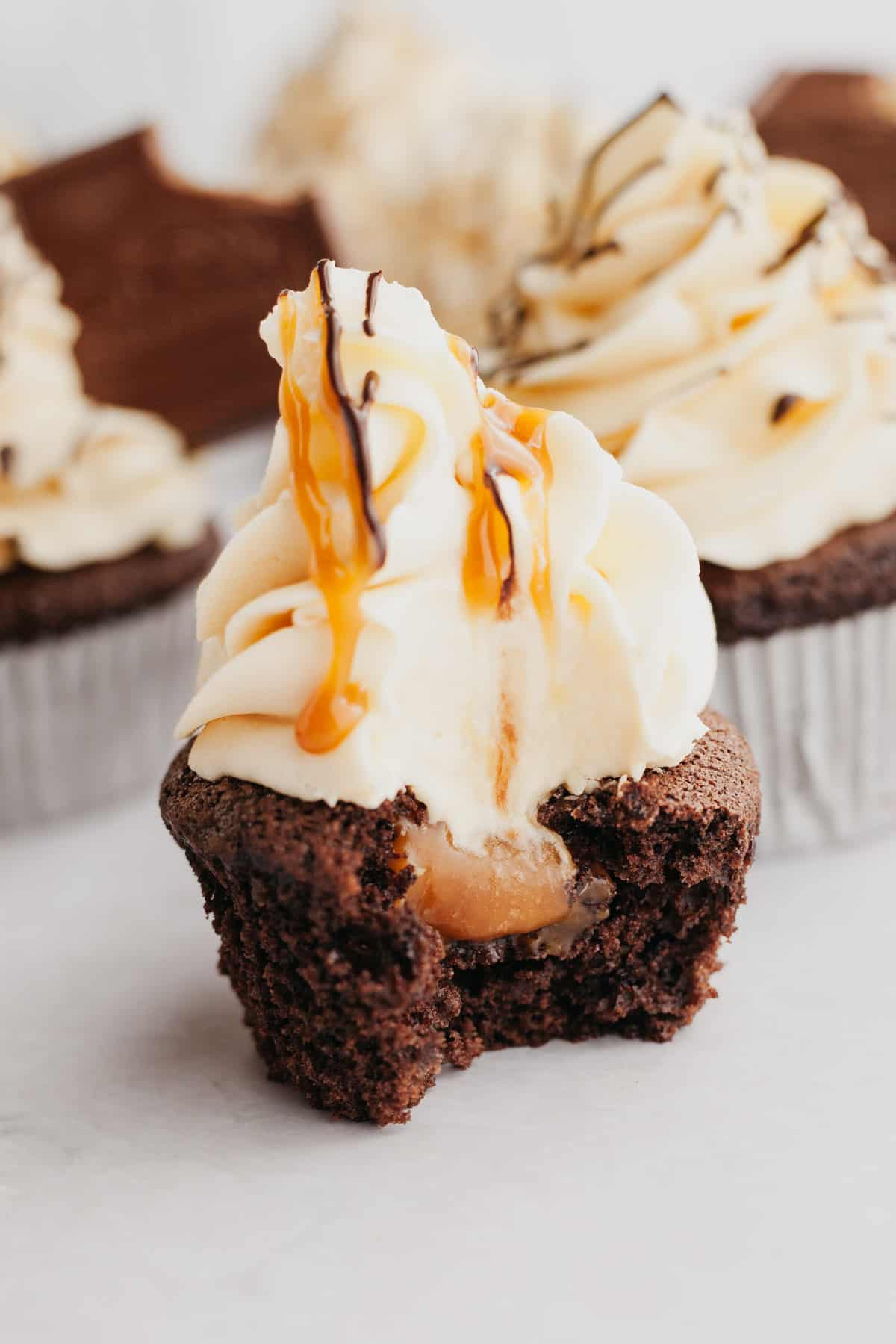 A chocolate cupcake with a caramel filling.